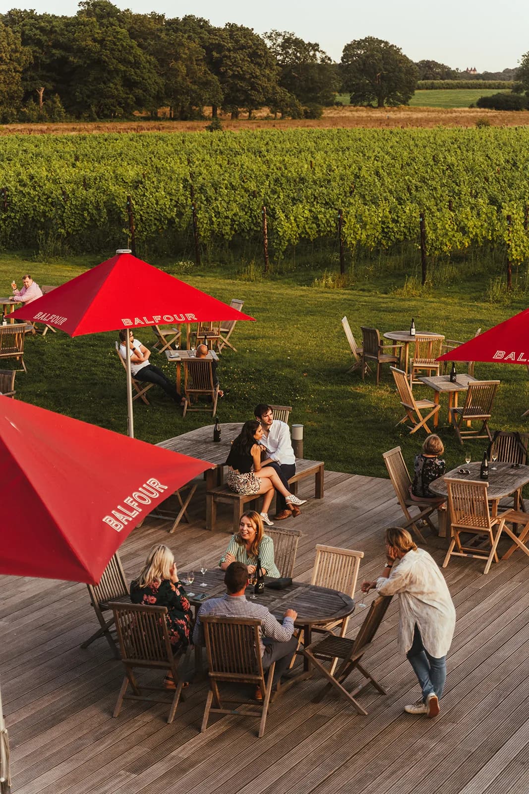 Guests at tables under red Balfour parasols on the winery terrace